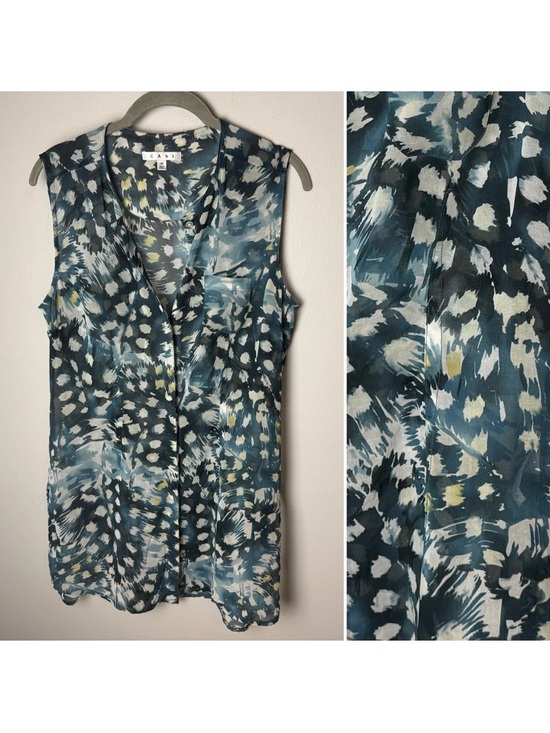 CAbi Tops - CABI Tunic Blouse Size M Blue Gray Abstract Print Sleeveless Sheer Button Front
